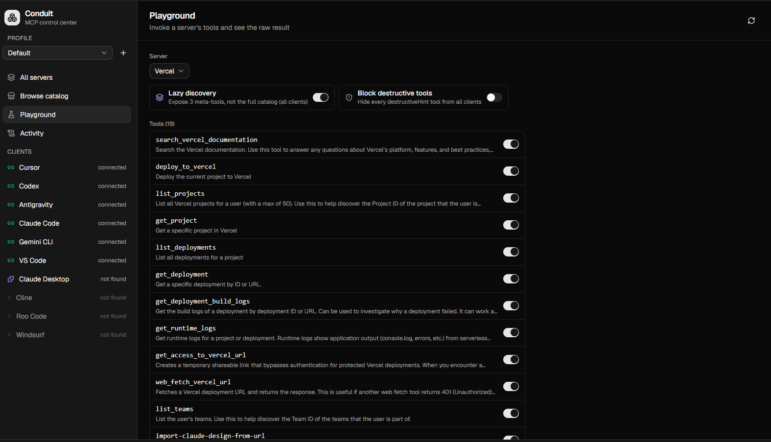Tool playground: invoke any tool and see the raw result