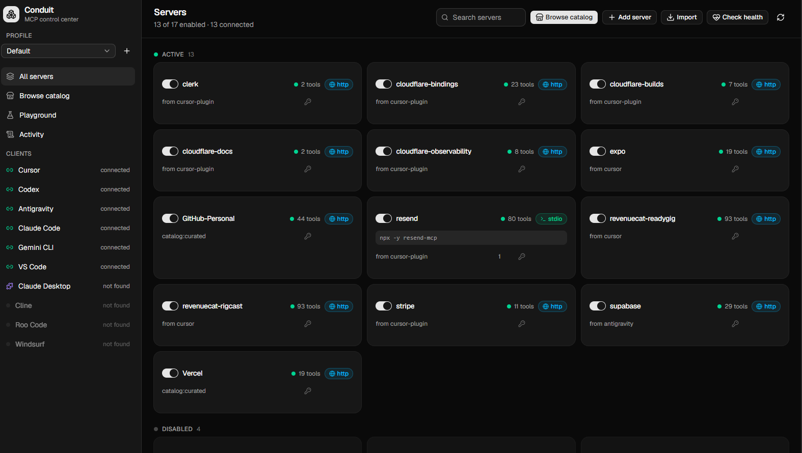 Every MCP server in one place, with health, secrets, and per-tool toggles